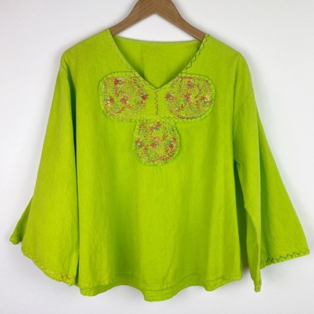 Vintage Neon Green Embroidered Bell Sleeve Blouse